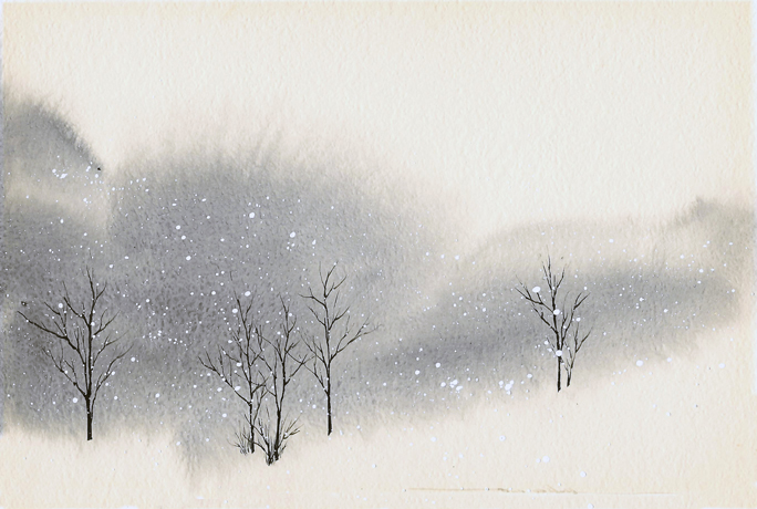 Minimalist, nearly abstract piece from the early 1970s, consisting of two clouds of gray-blue, several delicate trees with bare branches indicated by a few simple delicate lines, and big white drops of falling snow