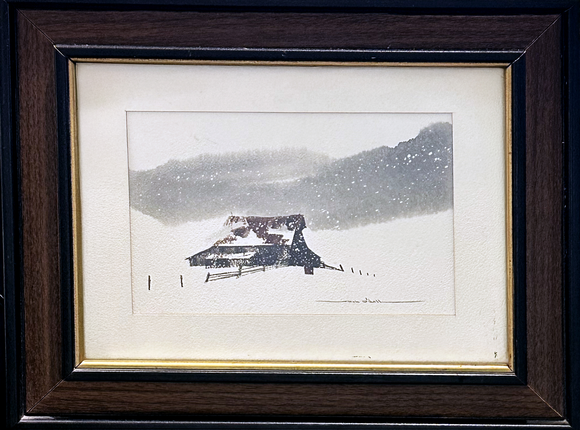 barn in snow pre owned